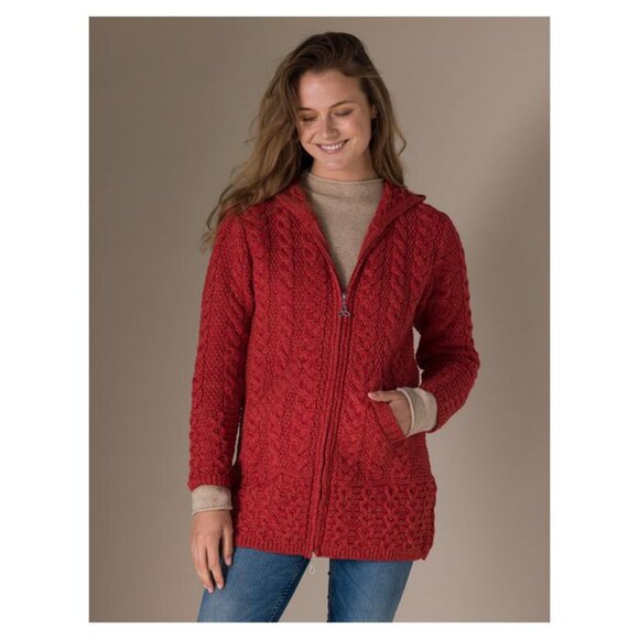 Aran Crafts 100% Merino Wool Hooded Coatigan Cardigan Sweater Coat Cable Knit - Picture 8 of 9